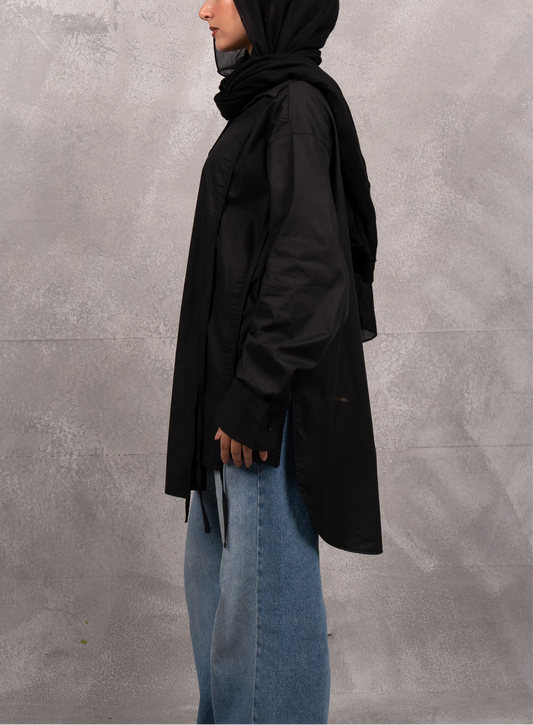 Long Drape Tie chemise in black