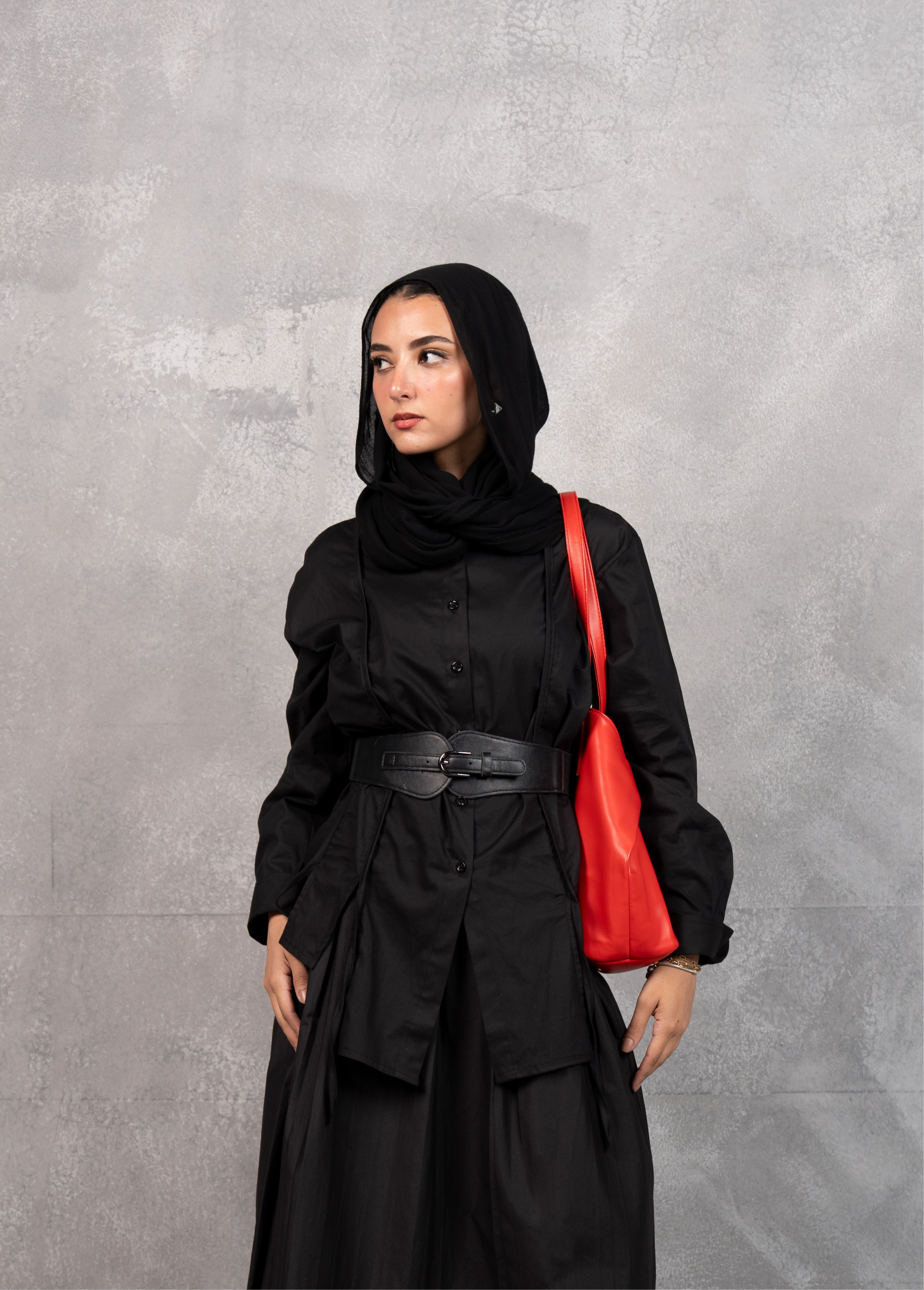 Long Drape Tie chemise in black