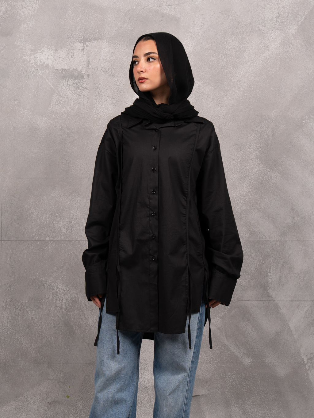 Long Drape Tie chemise in black