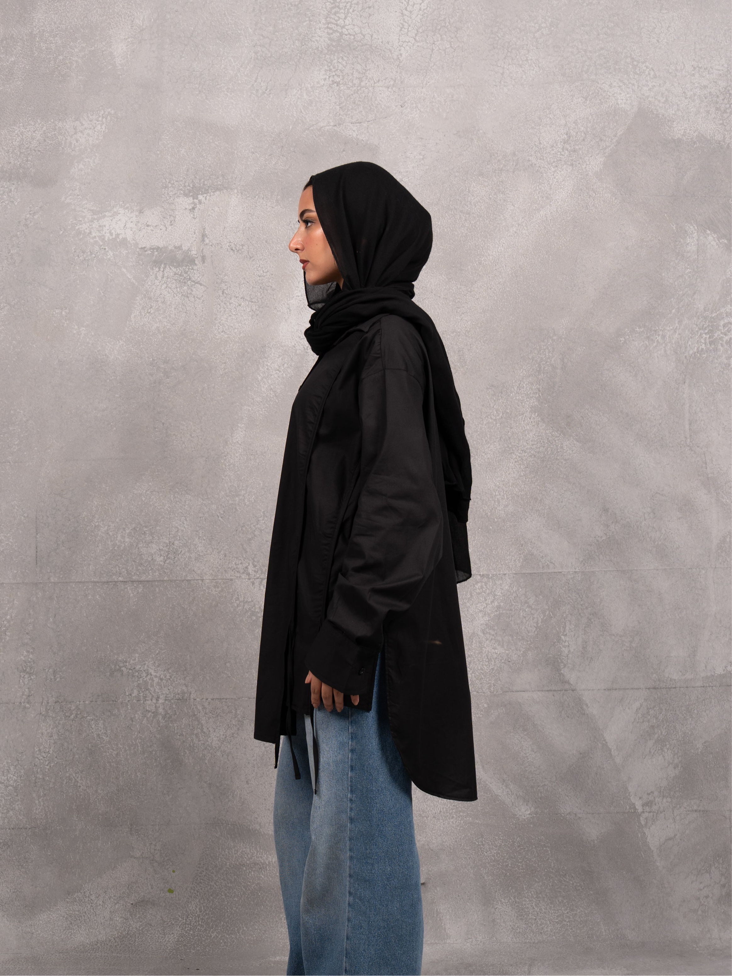 Long Drape Tie chemise in black