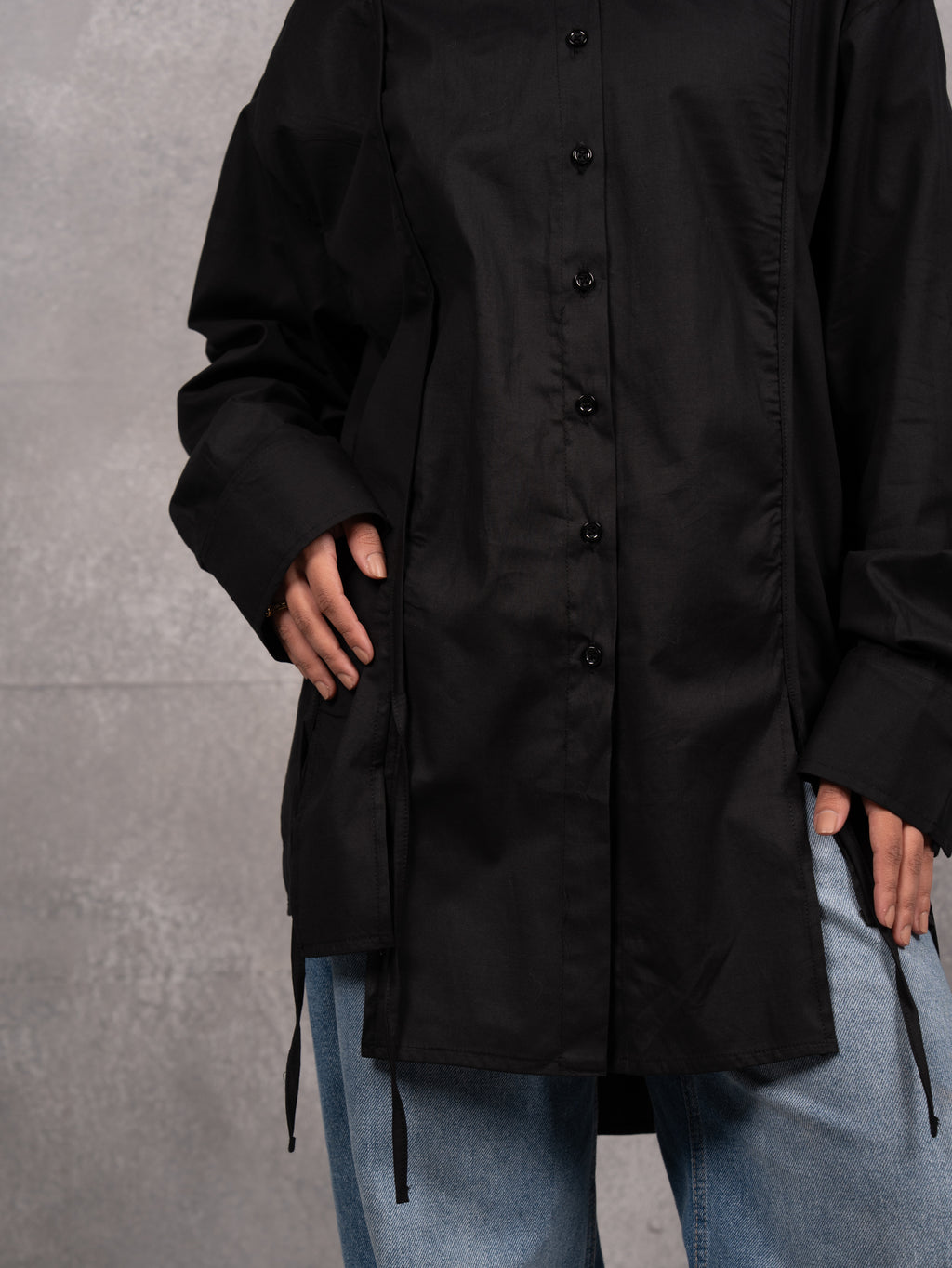 Long Drape Tie chemise in black