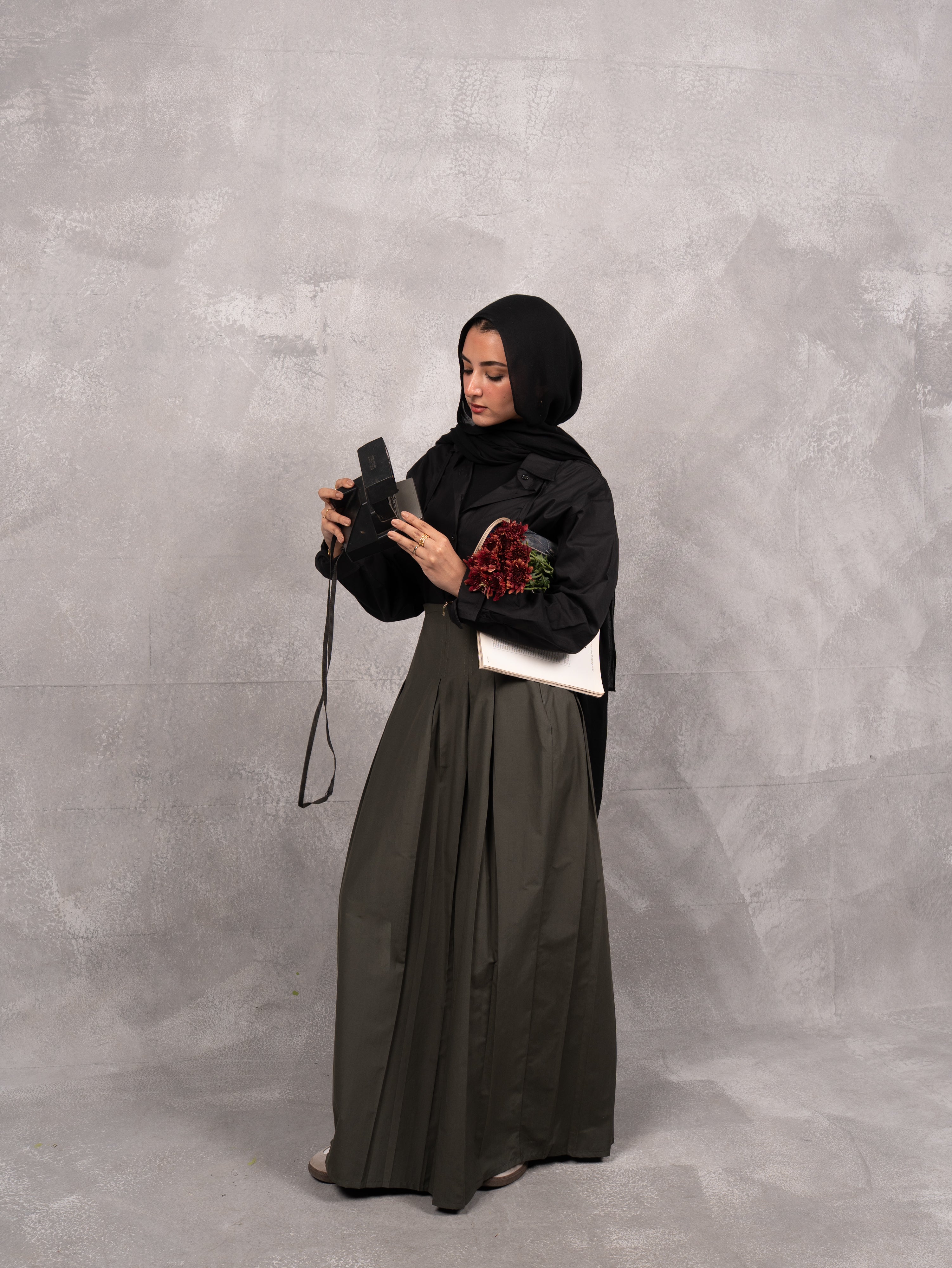 Stitched poplin skirt in olive